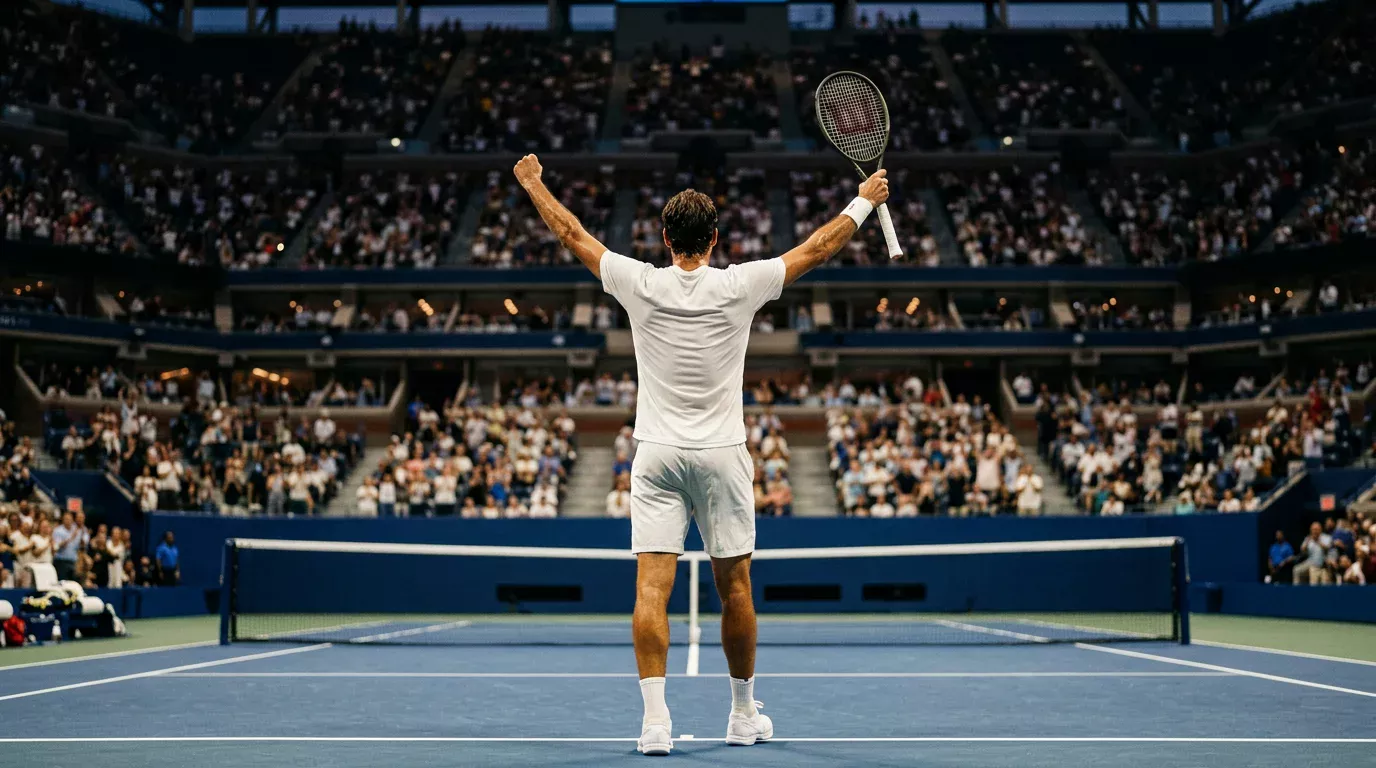 Tenista celebrando con los brazos en alto sobre la pista del Rod Laver Arena tras ganar el Open de Australia 2026